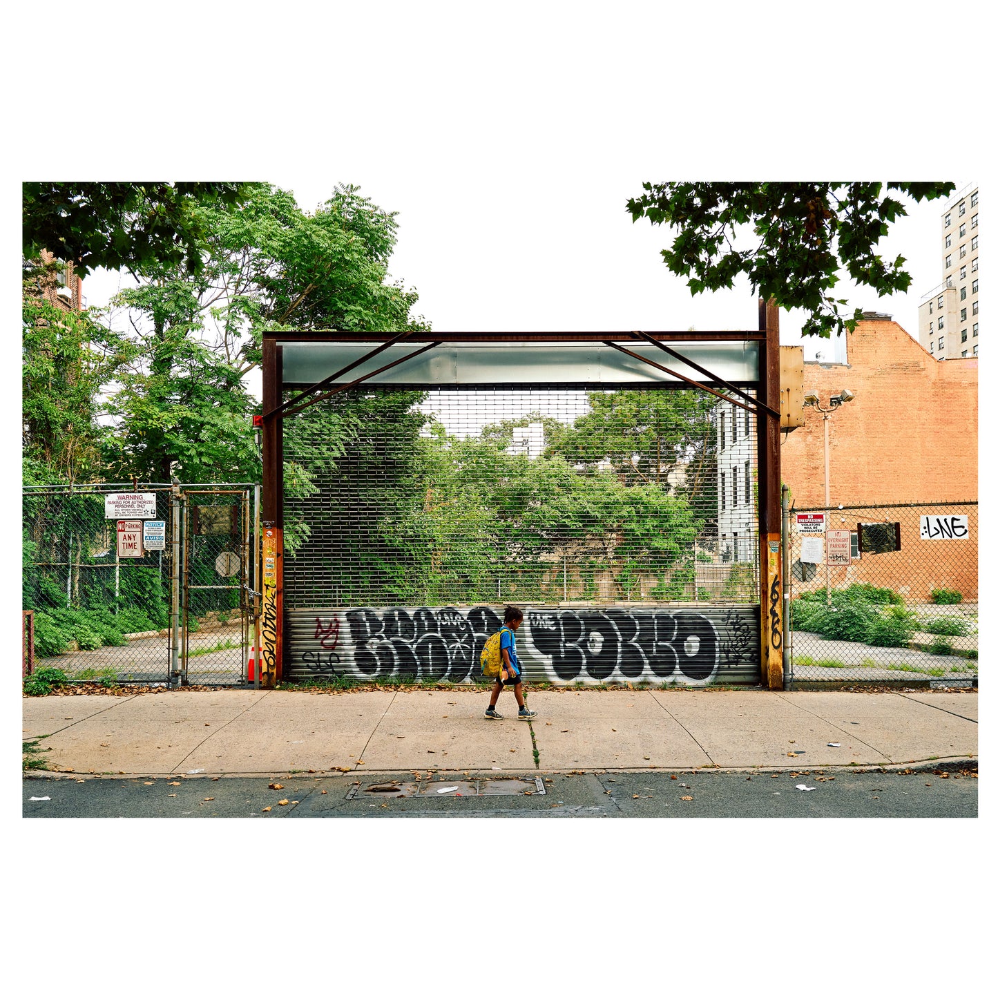 A lone figure walks past a graffiti-covered security shutter on a quiet Gowanus street corner in Brooklyn, New York, trees overhead. A color fine-art photograph by Chloe Albert, printed on Hahnemühle Photo Rag Bright White fine art paper.