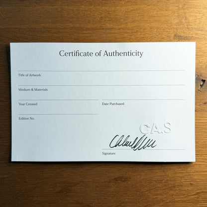 Certificate of authenticity for a Chloe Albert limited edition fine art print, hand-signed and embossed with the studio seal, with fields for title, medium, year, and edition number.