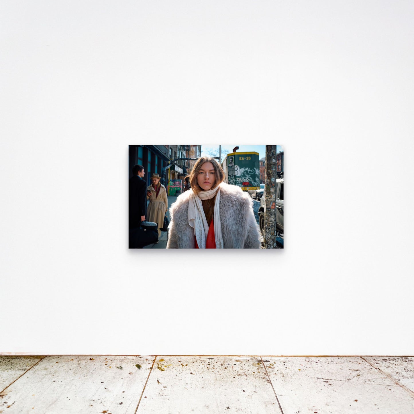 Chloe Albert's fine art print 'Fur Coat' shown unframed at 36 by 24 inches on a gallery wall, displaying the print at scale in a room setting.