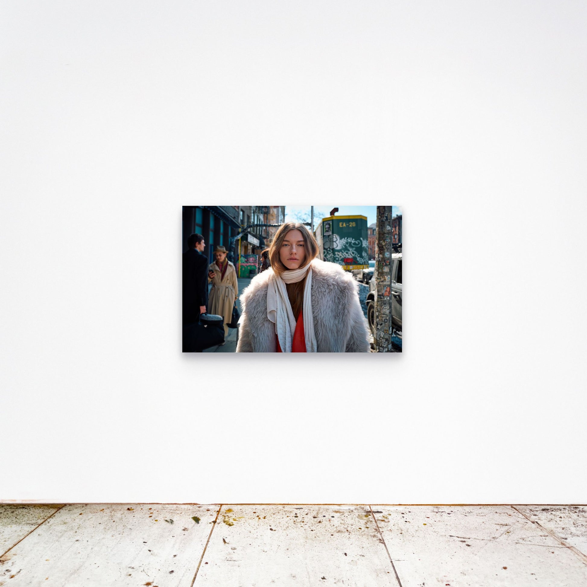 Chloe Albert's fine art print 'Fur Coat' shown unframed at 36 by 24 inches on a gallery wall, displaying the print at scale in a room setting.