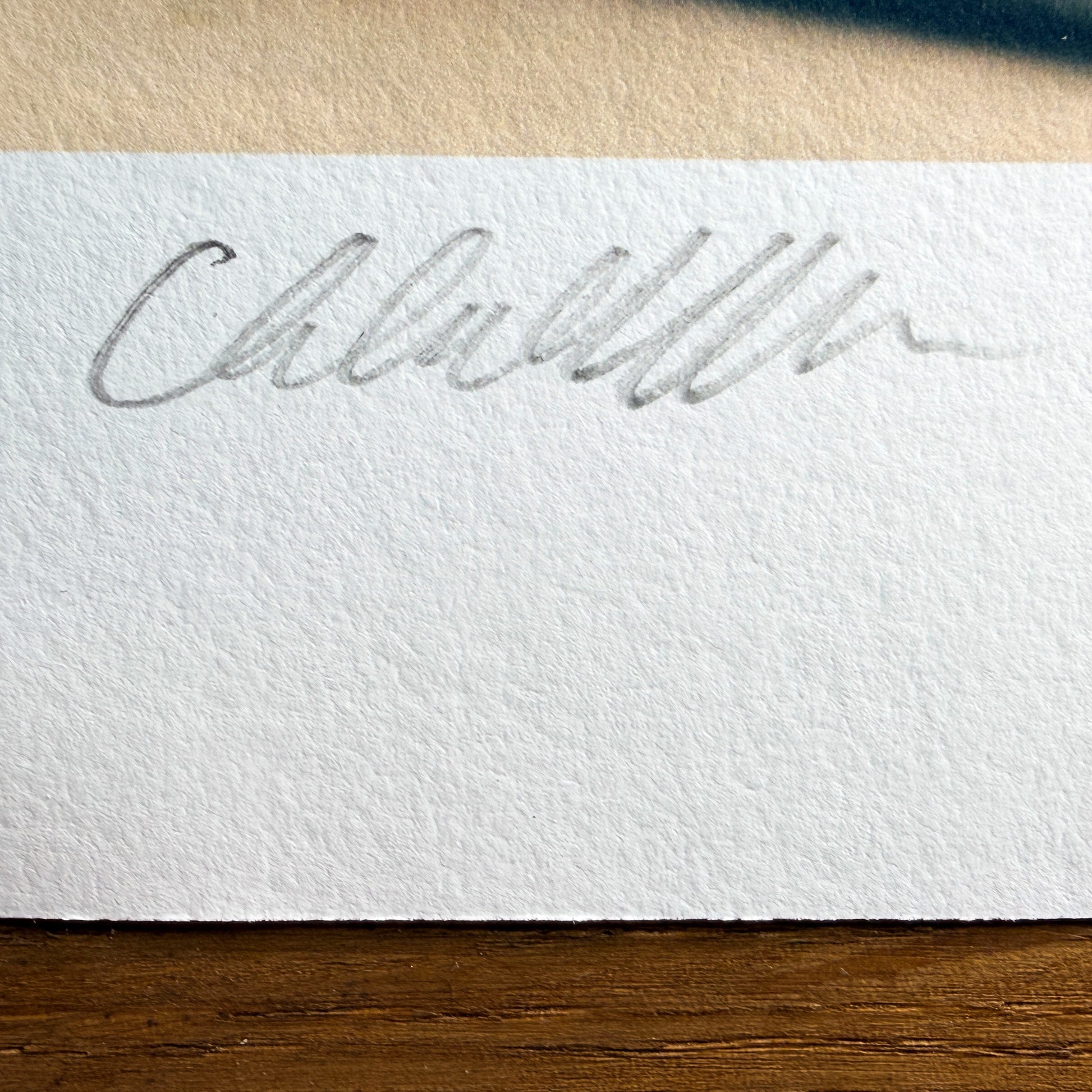 Close-up of Chloe Albert's hand signature and edition number in pencil on the deckled border of a Hahnemühle fine art print, lit with raking light to show the paper texture.