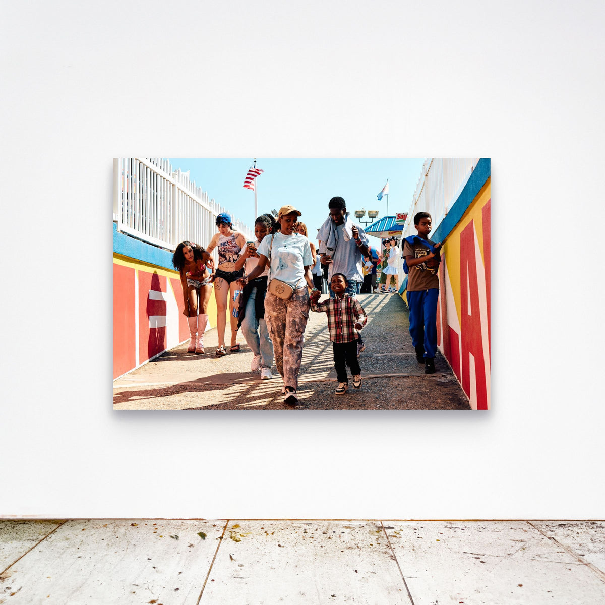 Chloe Albert's fine art print 'Painted Walls' shown unframed at 60 by 40 inches on a gallery wall above a concrete floor, displaying the large statement size in a room.
