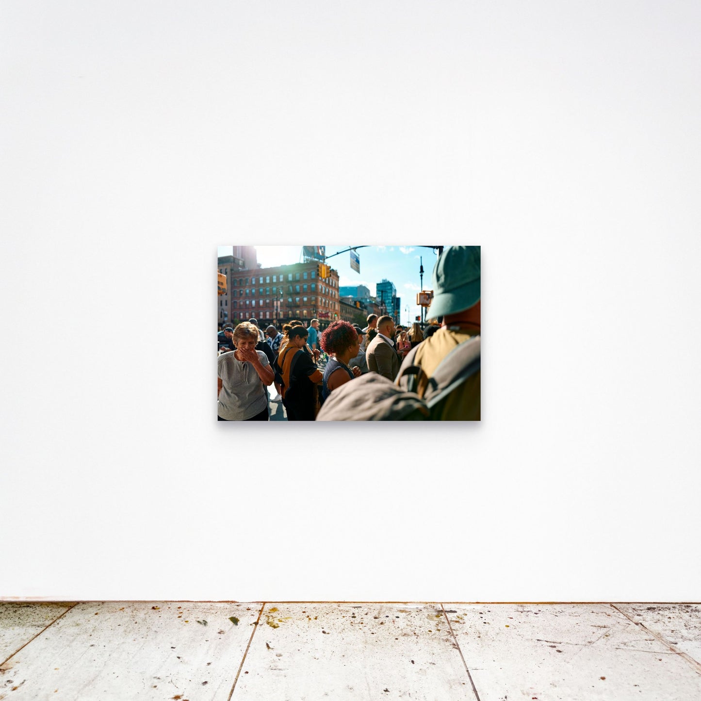 Chloe Albert's fine art print 'Shocked Woman' shown unframed at 36 by 24 inches on a gallery wall, displaying the print at scale in a room setting.