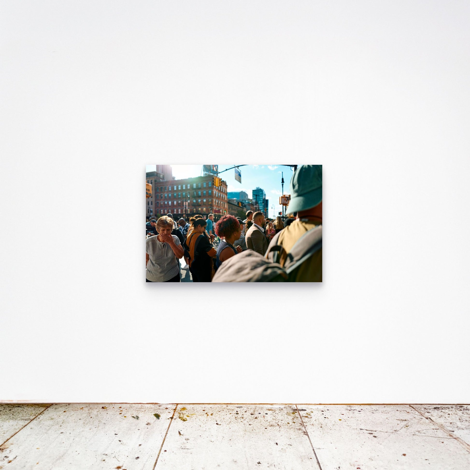 Chloe Albert's fine art print 'Shocked Woman' shown unframed at 36 by 24 inches on a gallery wall, displaying the print at scale in a room setting.
