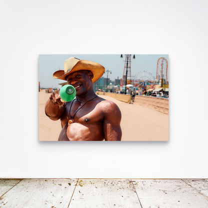 Chloe Albert's fine art print 'Tightrope' shown unframed at 60 by 40 inches on a gallery wall above a concrete floor, displaying the large statement size in a room.